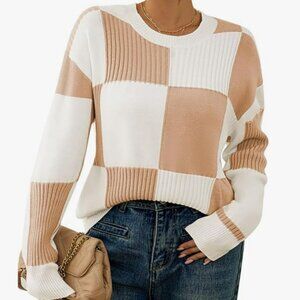 Womens Long Sleeve Beige Checkered Pullover Sweater Crew Neck